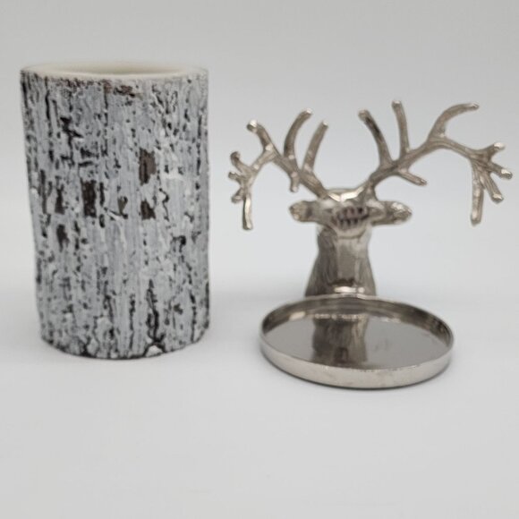 Pottery Barn Silver Reindeer Head Pilar Candle Holder With Battery Faux Log Vint - Picture 5 of 9